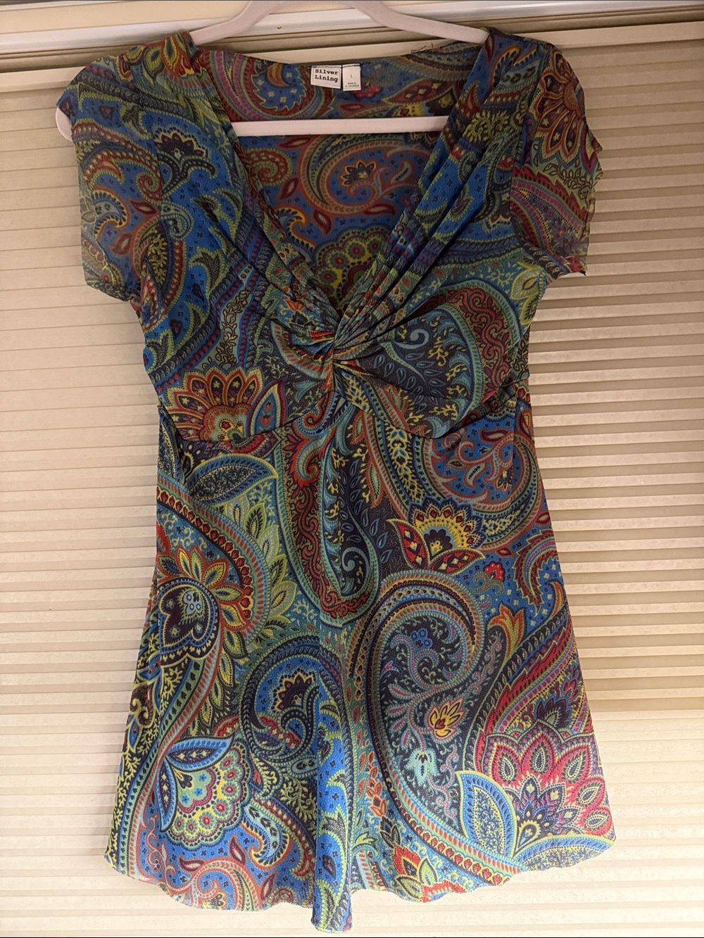 Silver Lining Paisley Twist-Front Short Sleeve Tunic in Multi-Color